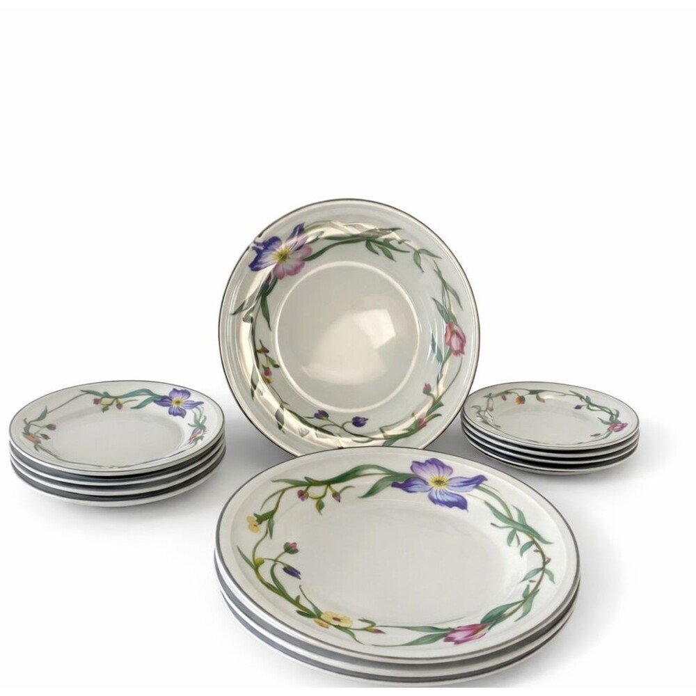 Set of 12 Gibson "Angel" Pattern Dinnerware Colorful Floral Motif Blue Rim